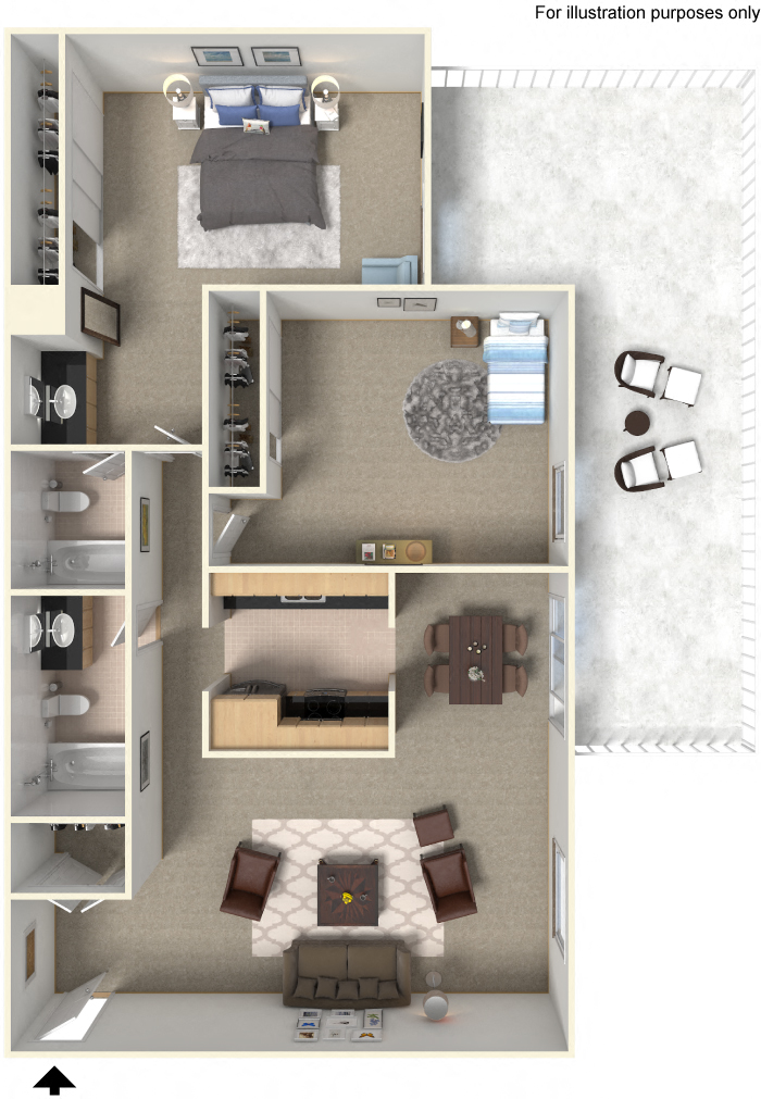 Floor plan for 2 beds, 2 baths, 1100 sqft